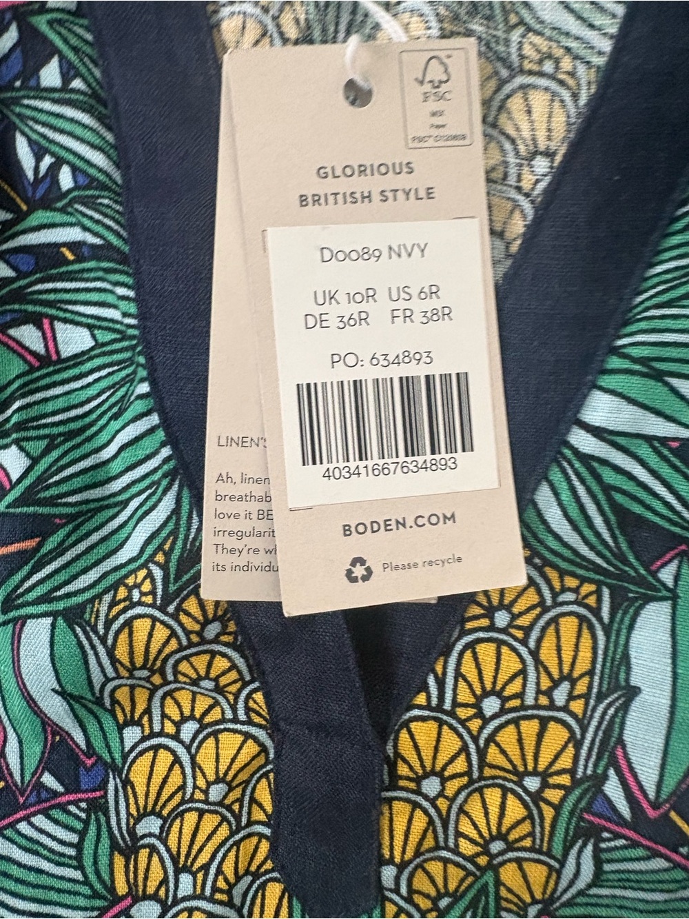 Boden linen dress tunic NWT US 6 notch neck linen mini navy pineapple bloom - Picture 12 of 16